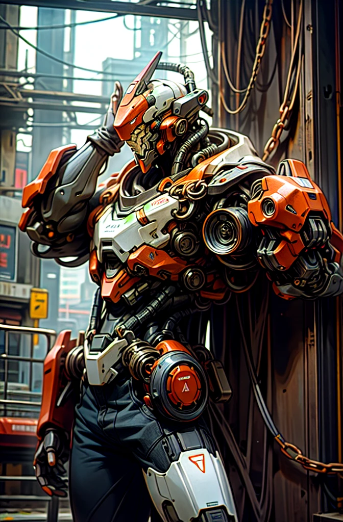 8k,Realstic,Dark_Fantasy,Cyberpunk,(chain saw,chain saw man,Red:1.1),1man,Mechanical marvel,Robotic presence,Cybernetic guardian, wearing a worn-out mech suit, intricate, (steel metal [rusty]), elegant, clear focus, shot by greg rutkowski, soft lighting, vibrant colors, masterpiece, ((street)), cowboy shot, dynamic pose,