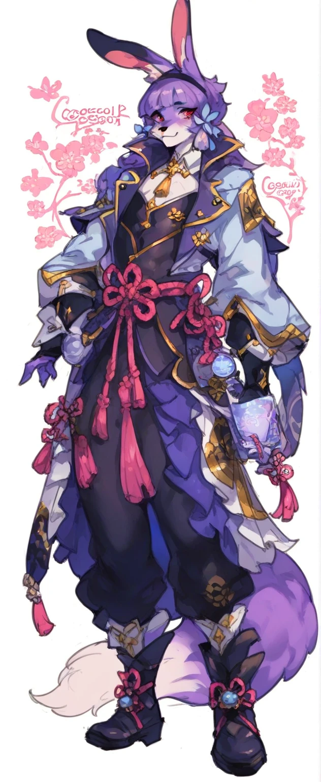 1 women, furry, Antro, fox, antropomorfic , pink eyes, blep, coffeesoda art style, e621, Fantazy adventurer, purple fox femboy, black boddy, purple hair, long hair, purple fur, bunny ears,purple clothing , ( ( character concept art ) ), official character art, picture of a male cleric, ayaka genshin impact, genshin, sage ( valorant ), genshin impact style, character artwork