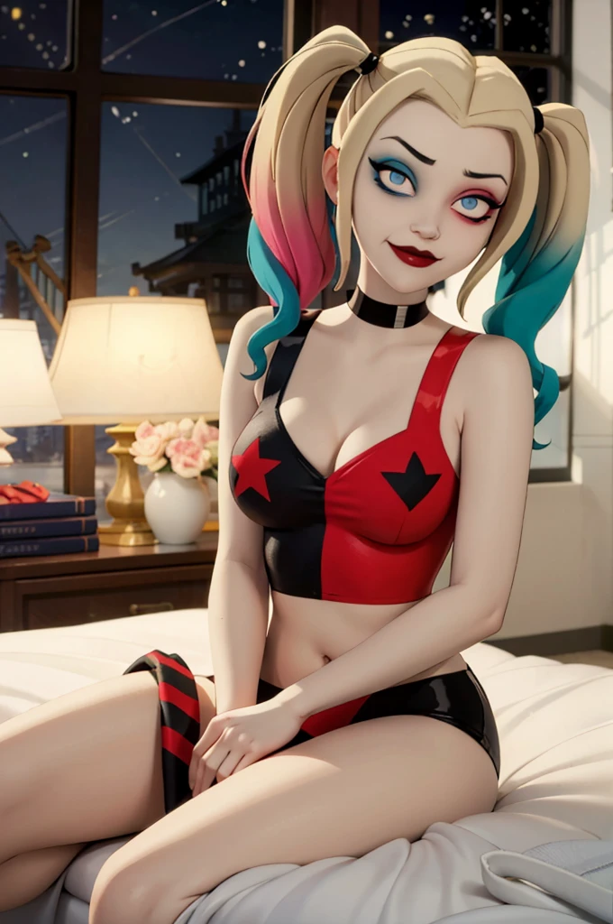 harleyquinn, blue eyes, eye shadow, blonde hair, twin tails, multicolored hair, exposed breasts, detailed, squeezing breasts, looking at viewer, playful, smirk, sitting, on bed, inside cozy bedroom, window, night time, high quality, masterpiece, 