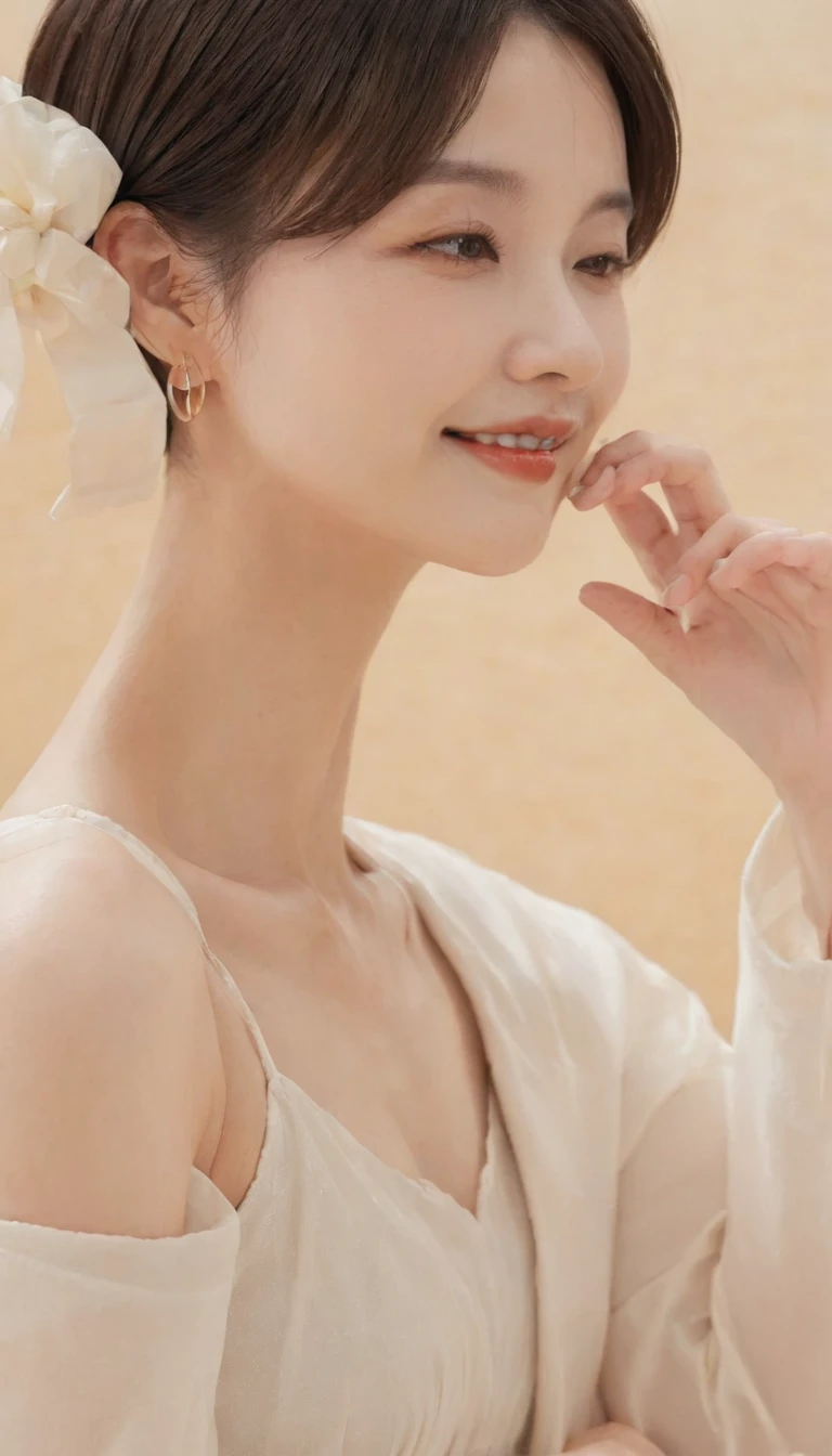 Close-up of a young East Asian woman's face、Wet Skin、Glossy lips、Orange lip、Big Eyes、Black Hair、Fingers touching cheek、Natural beauty、Soft lighting、High resolution、Photorealistic textures