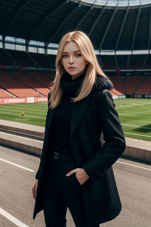 Cynthia,Long blonde hair, hair ornaments, Hair on one eye, Grey Eyes, Black coat, Black trousers,Fur collar, View your viewers, Severe, Are standing, Medium Shot, Stadium, cloudy, winter, high quality, masterpiece,  