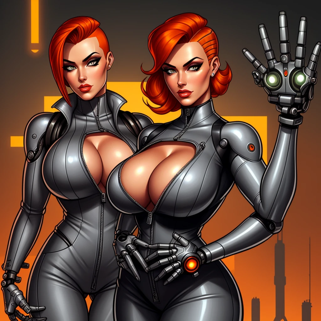 Femme Fatale, gorgeous mechanic, atompunk, blank background, retro-futurism, mechanical hand, cybernetic augments, unzipped orange jumpsuit, gunmetal grey, cleavage, half shaved head, ginger hair, extra arm