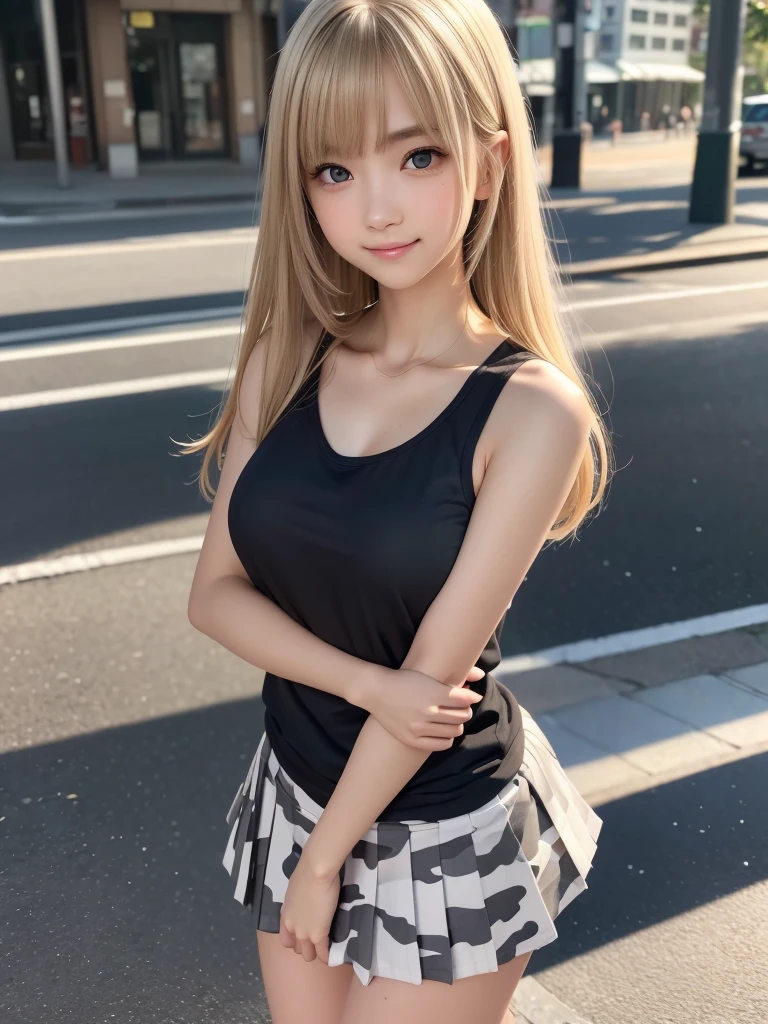 (8K, RAW Photos, Highest quality, masterpiece:1.2), (Realistic, photo-Realistic:1.4), (Highly detailed 8K wallpapers), ((Full Body Shot)), (1 girl), Sharp focus, Depth of written boundary, Cinematic lighting, Soft Light, 緻密な美しさのeye, eye_Chan, Very beautiful 17 year old girl, innocent big eyes, Realistic, photo Realistic, Highly detailed cute girl, (Thin thighs), (Model Body Type), 18-year-old, (White and grey camouflage sports tank top), (Black Micro Mini Pleated Skirt), (((Fold your arms in front of your chest and act arrogantly))), ((A happy smile)), Parted lips, Watching the audience, (On the streets of Tokyo), (Blonde),(Semi-long hair), (Asymmetrical bangs)