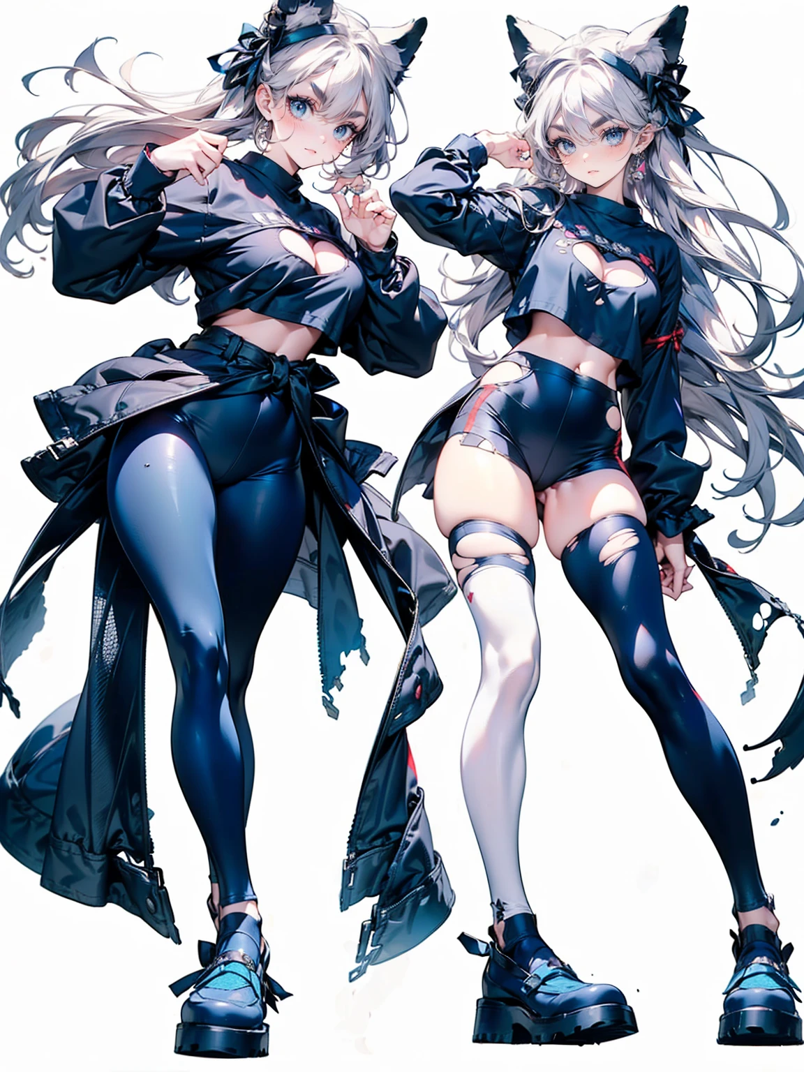 , (White Hair Girl), (Thick, dark blue eyebrows:1.4), (Dark blue eyebrows:1.7), (Thick eyebrows:1.3), (Huge black fluffy animal ears:1.1), (Black animal ears:1.1), BREAK, (((Mesh Stitching Crop T-Shirt, Cutout Long Sleeve Top))),BREAK, (Big Breasts:1.2, Thick legs, Adult female body, Sturdy body:1.5, Japanese style costume:1.5, Beautifully colored kimono:1.5,), ((Action pose:1.4 )), (sharp eyes, Ultra-high definition CG, Precisely designed costumes, 4K, 8K, Ultra-high definition CG, Precisely designed costumes, Clear lines, Expressive and Captivating Eyes, Fine Details and Realistic Textures, cinematic lighting), ((white background)), BREAK, (Wearing black leggings with holes), Skinny sleeves, (Torn and holey leggings:1.2)(Black leggings:1.4), (過剰なRuggedThick soleブーツを履いています:1.2), (Thick sole:1.5), (Big shoes:1.3),