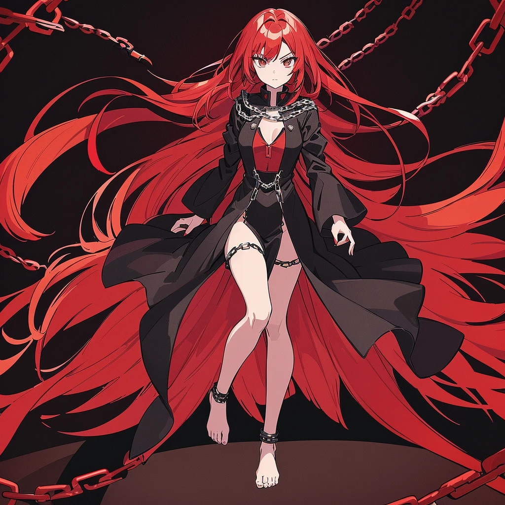 ((Red-haired girl in a dress wrapped in chains)), ((wearing a noble robe)), full body black and red longcoatu, Anime full body illustration, Anime Full Body Model, ((full body black and red longcoat)), Anime full body illustration
