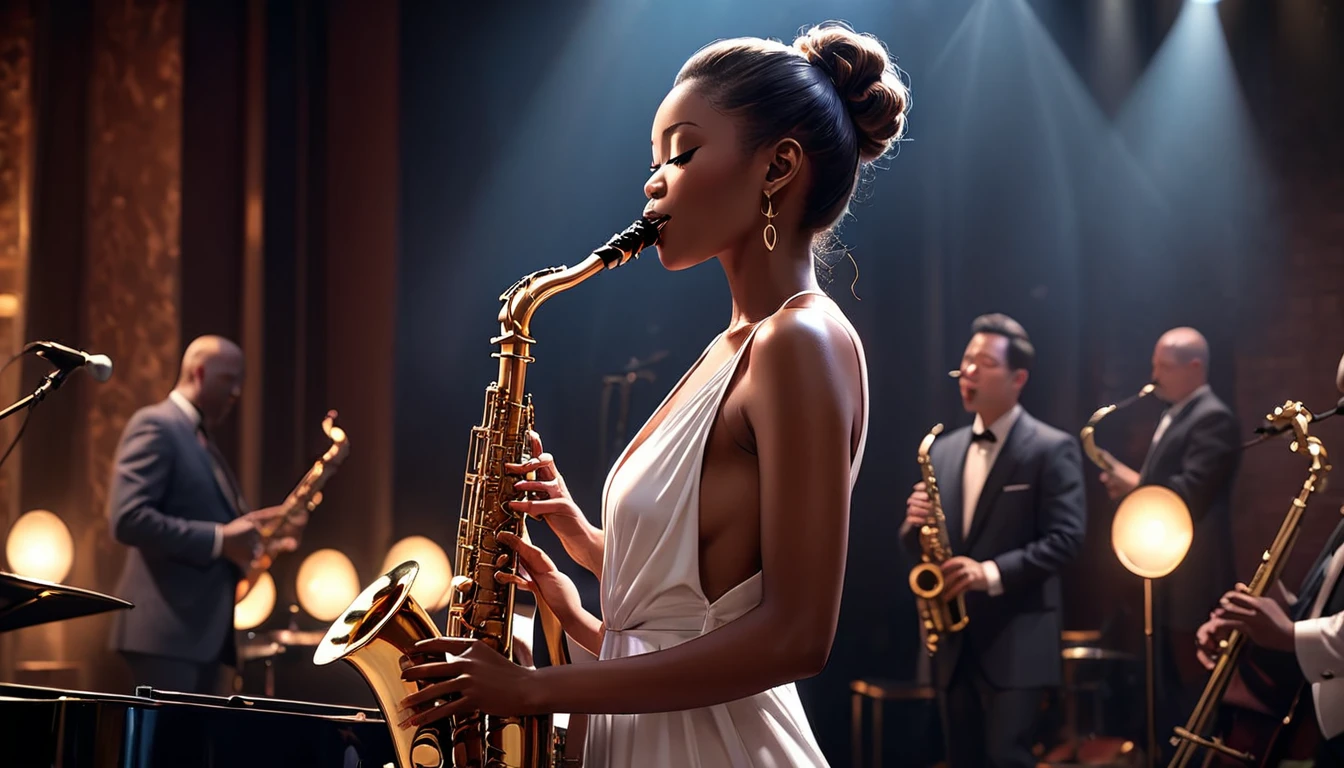 Intimate jazz club atmosphere, Dark and Smoky, A saxophonist gives the best performance of his life, Very intricate detail, Award-winning art, Ray Tracing, Sharp focus, 8K, High resolution, masterpiece, Professional, Very detailed, Perfect hands
