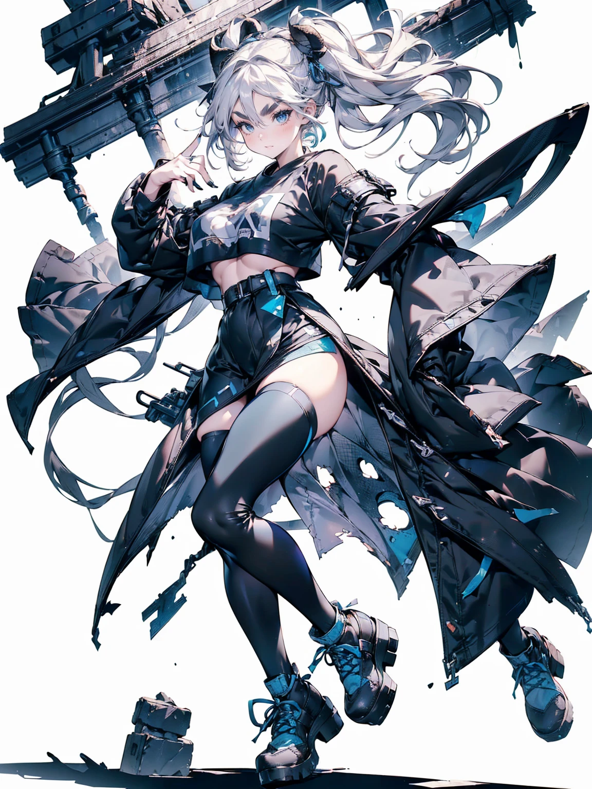 , (White Hair Girl), (Thick, dark blue eyebrows:1.4), (Dark blue eyebrows:1.7), (Thick eyebrows:1.3), (Huge black fluffy animal ears:1.1), (Black animal ears:1.1), BREAK, (((Mesh Stitching Crop T-Shirt, Cutout Long Sleeve Top))),BREAK, (Big Breasts:1.2, Thick legs, Adult female body, Sturdy body:1.5, Japanese style costume:1.5, Beautifully colored kimono:1.5,), ((Action pose:1.4 )), (sharp eyes, Ultra-high definition CG, Precisely designed costumes, 4K, 8K, Ultra-high definition CG, Precisely designed costumes, Clear lines, Expressive and Captivating Eyes, Fine Details and Realistic Textures, cinematic lighting), ((white background)), BREAK, (Wearing black leggings with holes), Skinny sleeves, (Torn and holey leggings:1.2)(Black leggings:1.4), (過剰なRuggedThick soleブーツを履いています:1.2), (Thick sole:1.5), (Big shoes:1.3),