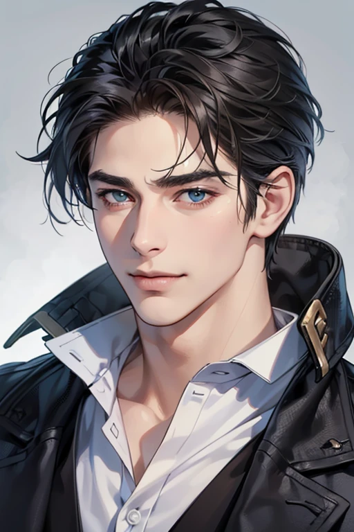 (best quality,4k,8k,highres,masterpiece:1.2),ultra-detailed,(realistic,photorealistic,photo-realistic:1.37),30 year old man,3 day beard,handsome anime,portraits,strong,masculine,dark hair,sharp jawline,mesmerizing eyes,perfectly styled hair,cool anime outfit,confident expression,vibrant colors,dynamic lighting, CEO and expression smile in love.