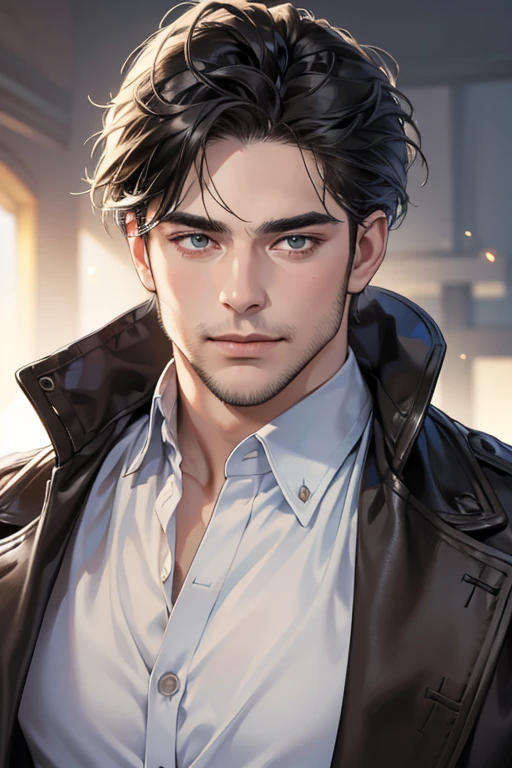 (best quality,4k,8k,highres,masterpiece:1.2),ultra-detailed,(realistic,photorealistic,photo-realistic:1.37),30 year old man,3 day beard,handsome anime,portraits,strong,masculine,dark hair,sharp jawline,mesmerizing eyes,perfectly styled hair,cool anime outfit,confident expression,vibrant colors,dynamic lighting, CEO and expression smile in love.