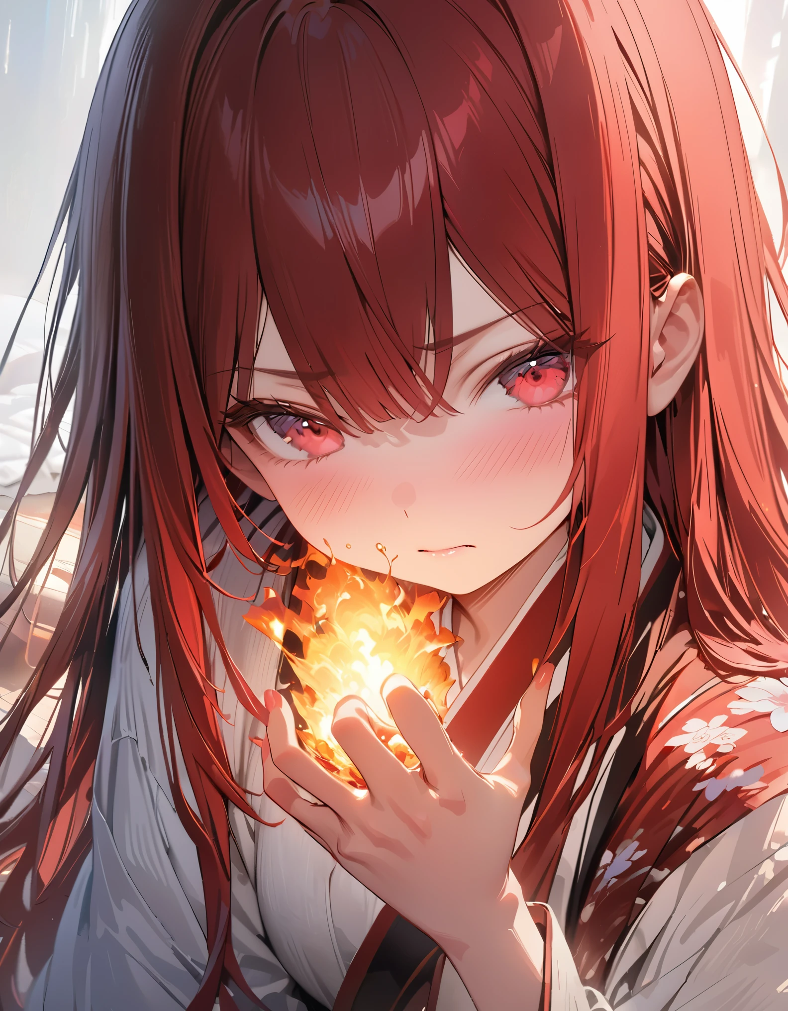 masterpiece Detailed description A woman with very long red hair Japanese-style yukata Embarrassed(Masseter muscle area, high quality, Mysterious, Beautiful and beautiful, Ideal body proportions, Official image art, Impressionism), (Ultra-high resolution, 8k RAW photos, Photorealistic, Natural light, Textile Shading),Perfect Fingers