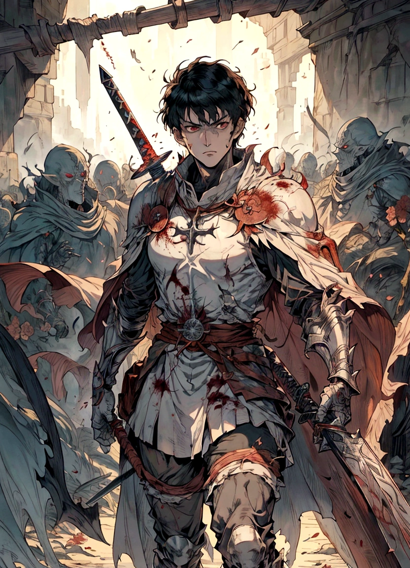 anime character with a sword and a cape walking through a tunnel, berserk art style, fus rei, berserk style, berserk guts, from berserk, 4 k manga wallpaper, guts berserk, highly detailed exquisite fanart, guts from berserk, boris valejo. octopath traveler, berserk, male anime character, anime in fantasy style, berserk blood