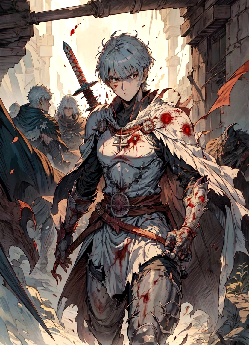 anime character with a sword and a cape walking through a tunnel, berserk art style, fus rei, berserk style, berserk guts, from berserk, 4 k manga wallpaper, guts berserk, highly detailed exquisite fanart, guts from berserk, boris valejo. octopath traveler, berserk, male anime character, anime in fantasy style, berserk blood