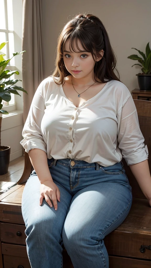 Femme très grosse, assise dans des coussins, Makima, bbwchan, cheveux rouges et yeux jaunes, double menton, elle tire sur son gros ventre mou et rebondi avec ses mains pour le sortir. Elle porte un short en jean et un haut en dentelle, belle lumière sur elle, magnifique femme obese