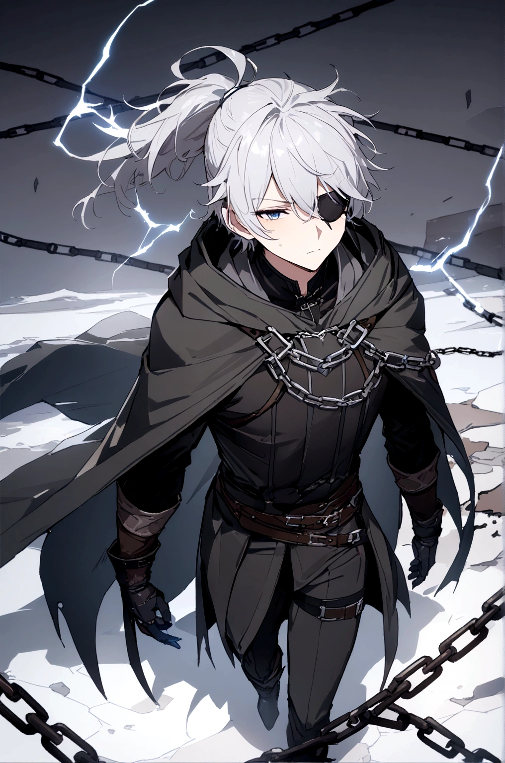 Anime character. A man, he was medieval. 27 years old, large body, cold gaze, cold expression, white skin, short and messy gray hair, ponytail, left eye patch, black clothes, black shirt, dark cape with hood, several chains. frontal camera. Walking under the red moonlight. White electricity emanating from his body, black electricity emanating from his left hand. Iris of the right eye glowing white. Thunderous white lightning. (best quality, 4k, 8k, high resolution, masterpiece: 1.2)