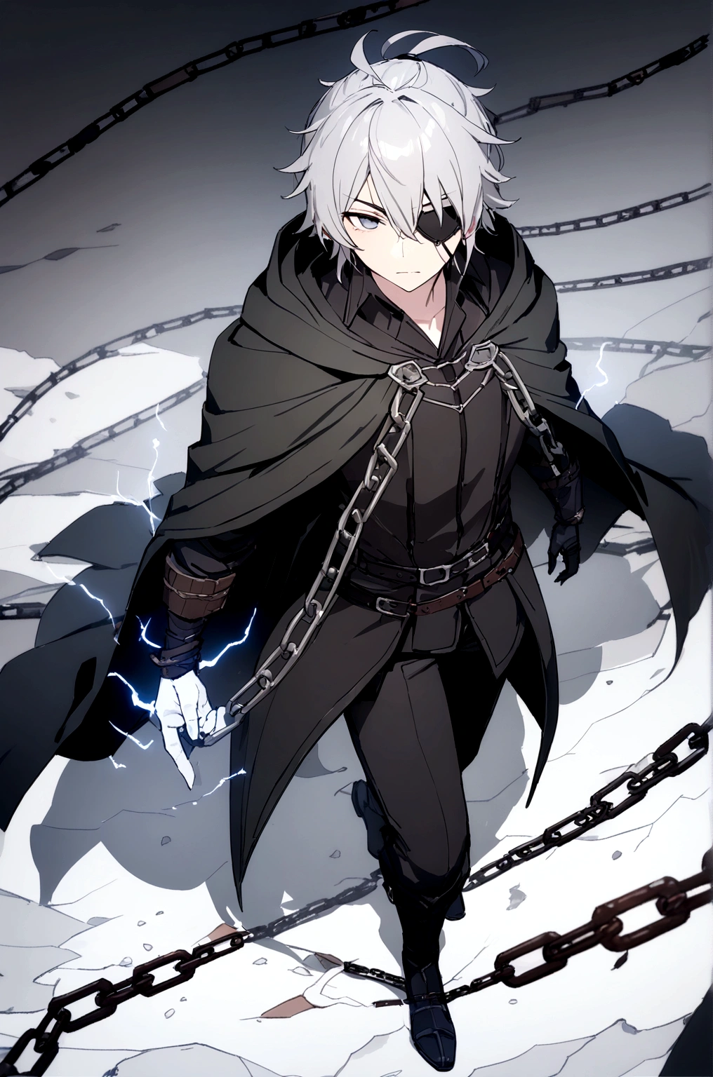 Anime character. A man, he was medieval. 27 years old, large body, cold gaze, cold expression, white skin, short and messy gray hair, ponytail, left eye patch, black clothes, black shirt, dark cape with hood, several chains. frontal camera. Walking under the red moonlight. White electricity emanating from his body, black electricity emanating from his left hand. Iris of the right eye glowing white. Thunderous white lightning. (best quality, 4k, 8k, high resolution, masterpiece: 1.2)