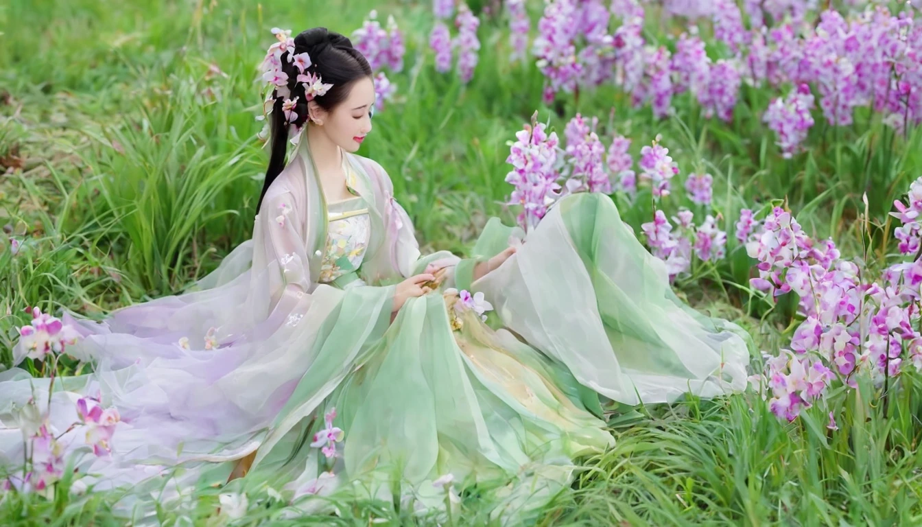 On a spring morning, A delicate orchid blooms in the garden, Exudes a light fragrance. In this sea of orchids, Girl wearing beautiful Hanfu, Her hair was adorned with beautiful floral ornaments., Bringing out the elegance of orchids. She stepped lightly on the soft grass, Touching the orchid petals with her delicate hands, It&#39;s like having a heart-to-heart conversation with the flowers.. The breeze caressed her sleeves, Like the peaceful notes of spring, Makes the scene even more beautiful and peaceful..Orchids swirl around the girl (Dazzling atmosphere, Fascinating light, Luminous lighting, Ethereal atmosphere, Fascinating light, Evocative colors, Attractive colors, Dramatic Lighting, Enchanting aura), ((moon:1)), (masterpiece, Top quality, best quality, Official Art, beautiful and aesthetic:1.2), Extremely detailed,(Joshua Middleton Comic Cover Art:1.2), (action:1.3),(Concretism:1.3),Theatrical dance scenes,(Hyperpolarization:1.5),rich and colorful,The most detailed, xdgb style