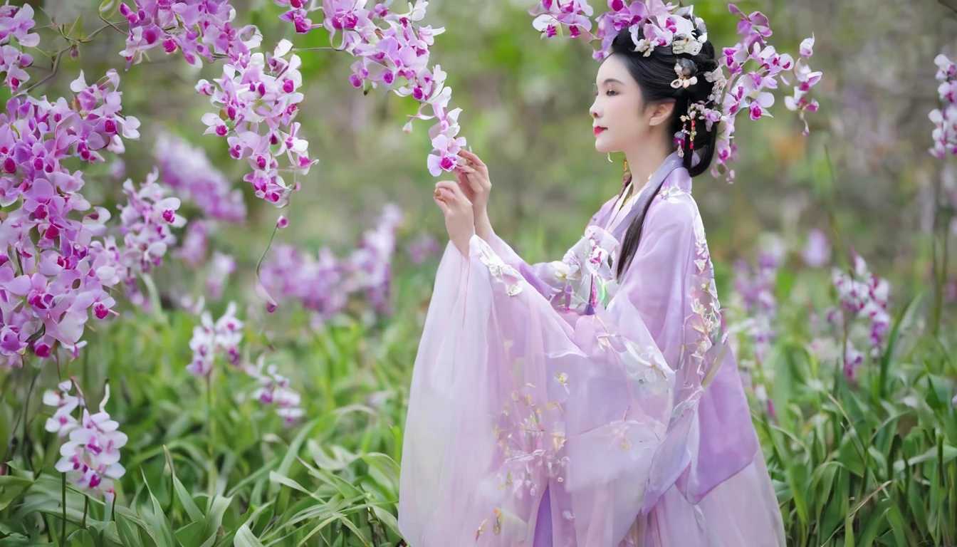 On a spring morning, A delicate orchid blooms in the garden, Exudes a light fragrance. In this sea of orchids, Girl wearing beautiful Hanfu, Her hair was adorned with beautiful floral ornaments., Bringing out the elegance of orchids. She stepped lightly on the soft grass, Touching the orchid petals with her delicate hands, It&#39;s like having a heart-to-heart conversation with the flowers.. The breeze caressed her sleeves, Like the peaceful notes of spring, Makes the scene even more beautiful and peaceful..Orchids swirl around the girl (Dazzling atmosphere, Fascinating light, Luminous lighting, Ethereal atmosphere, Fascinating light, Evocative colors, Attractive colors, Dramatic Lighting, Enchanting aura), ((moon:1)), (masterpiece, Top quality, best quality, Official Art, beautiful and aesthetic:1.2), Extremely detailed,(Joshua Middleton Comic Cover Art:1.2), (action:1.3),(Concretism:1.3),Theatrical dance scenes,(Hyperpolarization:1.5),rich and colorful,The most detailed, xdgb style