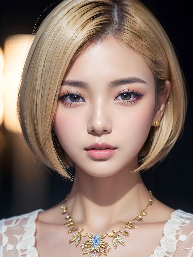 a beautiful young korean idol woman, 1girl, detailed eyes, beautiful detailed lips, long eyelashes, extremely detailed face and skin, flawless makeup, elegant expression, intricate jewelry, detailed clothing, complex background, (best quality,4k,8k,highres,masterpiece:1.2),ultra-detailed,(realistic,photorealistic,photo-realistic:1.37),studio lighting,HDR,vivid colors,professional photography,short bob,blonde hair、ミニスカート、白いワイシャツ