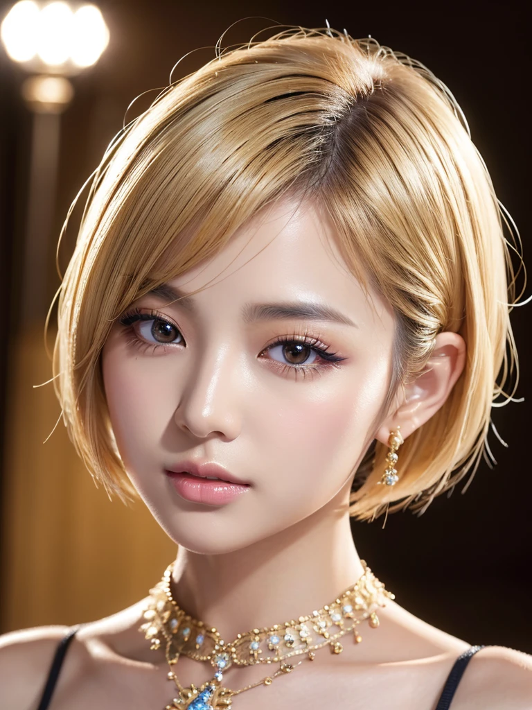 a beautiful young korean idol woman, 1girl, detailed eyes, beautiful detailed lips, long eyelashes, extremely detailed face and skin, flawless makeup, elegant expression, intricate jewelry, detailed clothing, complex background, (best quality,4k,8k,highres,masterpiece:1.2),ultra-detailed,(realistic,photorealistic,photo-realistic:1.37),studio lighting,HDR,vivid colors,professional photography,short bob,blonde hair、ミニスカート、白いワイシャツ