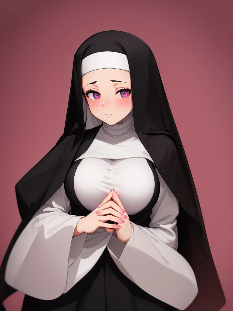 1 Girl, huge breasts, using headscarf, nun sister, standing, in city,closed nun clothes, blush, perfect hand, perfect fingers, perfect eyes, ultra resolution, full image, pink heart shaped eyes, white hair, five fingers, cristian v2