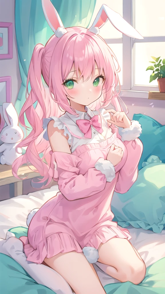 beautiful illustration, best quality, cute girl, bedroom, pastel color, fluffy bunny ears, , long faded pink hair, rabbit stuffed toy, bright lighting, light green eyes