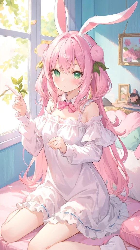 beautiful illustration, best quality, cute girl, bedroom, pastel color, fluffy bunny ears, , long faded pink hair, rabbit stuffed toy, bright lighting, light green eyes