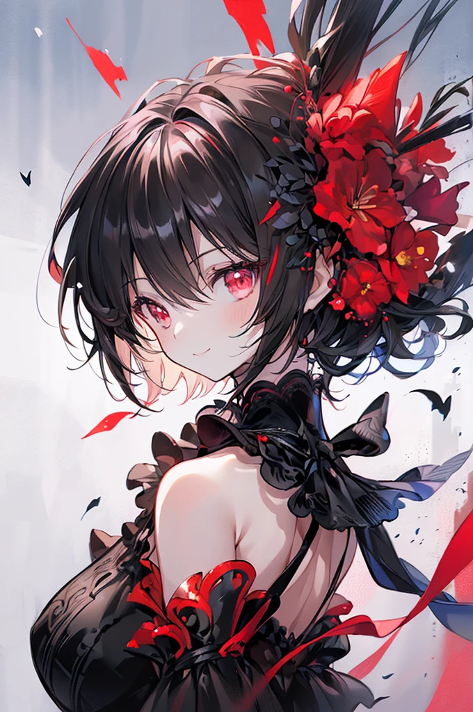 (masterpiece, highest quality, highest quality, (No text), Beautiful and aesthetic:1.2),No text,アニメ、BREAK,One Girl,Black Hair Girl short hair Tree Eyes Beautiful eyes Red eyes cool smile Red and Black Black dress whole body