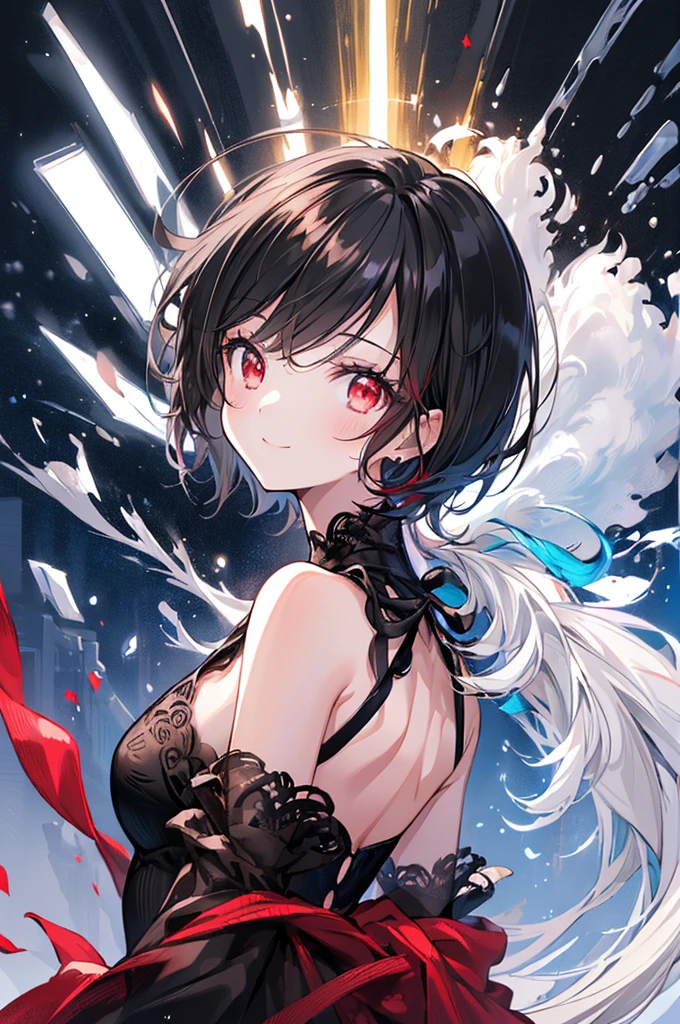 (masterpiece, highest quality, highest quality, (No text), Beautiful and aesthetic:1.2),No text,アニメ、BREAK,One Girl，Black Hair Girl　short hair　Tree Eyes　Beautiful eyes　Red eyes　cool　smile　Red and Black　Black dress　whole body