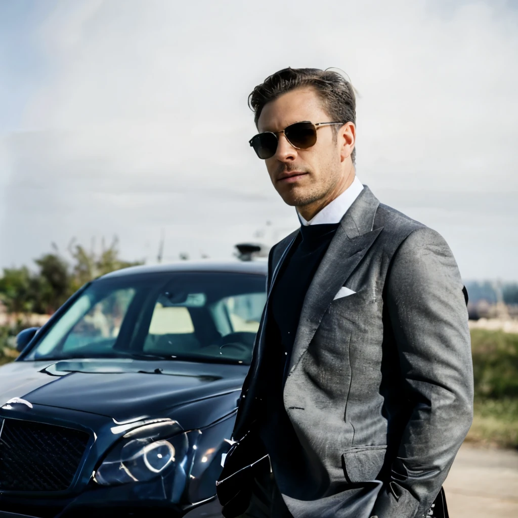 This captivating image presents a striking portrait of an elegant, well-dressed individual against the backdrop of a private jet and luxury automobile. The subject's refined appearance, from his tailored cream-colored jacket and chino pants to his polished leather shoes, exudes a sense of sophistication and affluence.

The subject's confident, poised stance, with one hand on the handle of a vintage-inspired suitcase, conveys a commanding presence. His dark, neatly styled hair and sunglasses contribute to an air of mystery and exclusivity, suggesting a lifestyle of luxury and travel.

The sleek, silver Bentley car in the foreground, with its distinctive grille and prominent branding, further reinforces the high-end, indulgent setting. The private jet in the background, with its gleaming fuselage and pristine exterior, adds to the overall impression of wealth, power, and the subject's privileged access to the trappings of success.

The placement of the subject between the two modes of transportation, with the car and jet serving as visual bookends, creates a well-balanced, visually striking composition. The muted, overcast lighting and the minimalist, industrial-inspired backdrop contribute to the cinematic quality of the image, inviting the viewer to imagine the intriguing stories and experiences that may have unfolded within this exclusive realm.

This portrait captivates the viewer, showcasing the subject's refined style, affluent lifestyle, and the allure of the high-end, globetrotting existence.