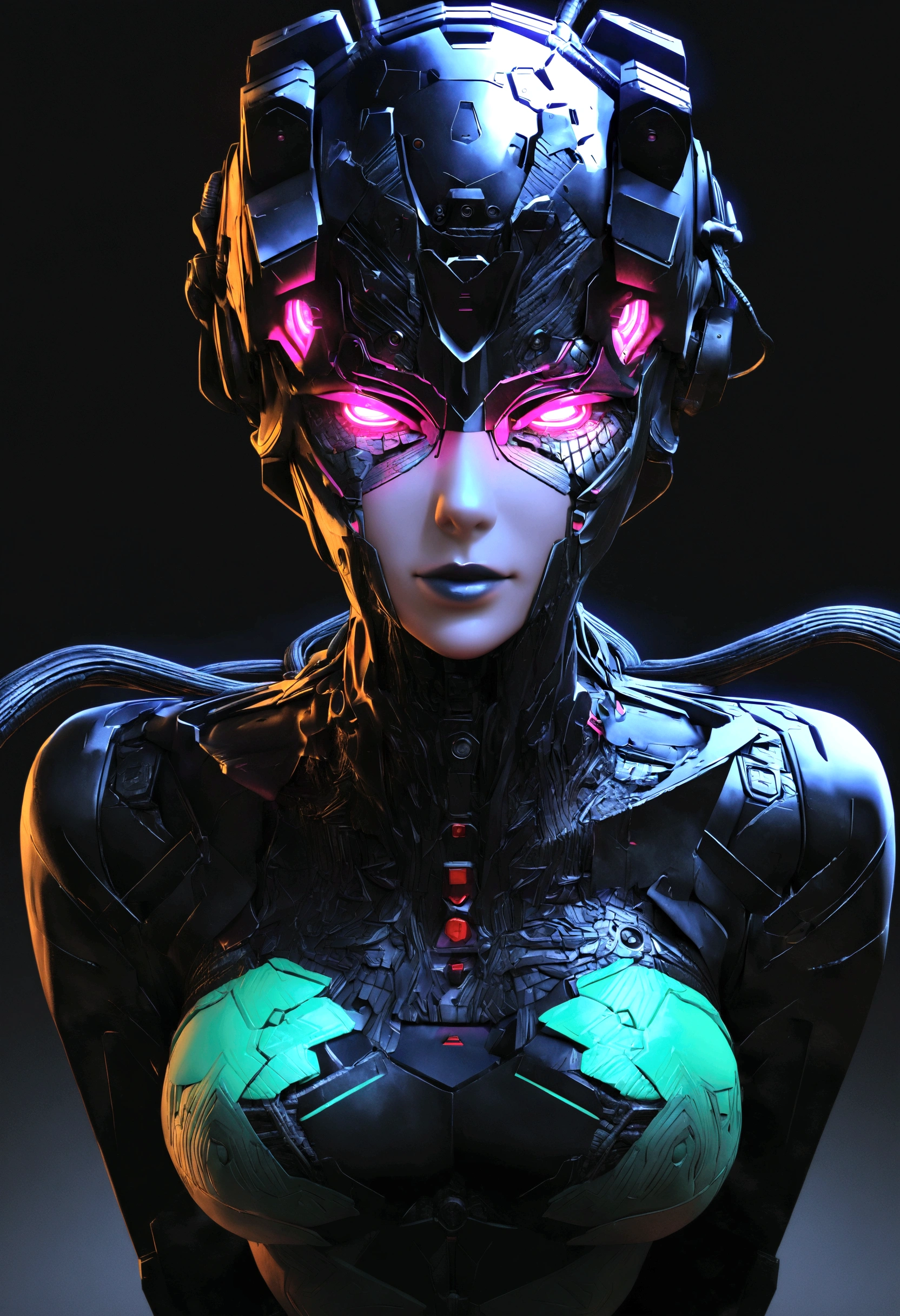 1mechanical girl,((ultra realistic details)), portrait, global illumination, shadows, octane render, 8k, ultra sharp,metal,intricate, ornaments detailed, cold colors, egypician detail, highly intricate details, realistic light, trending on cgsociety, glowing eyes, facing camera, neon details, machanical limbs,blood vessels connected to tubes,mechanical vertebra attaching to back,mechanical cervial attaching to neck,sitting,wires and cables connecting to head