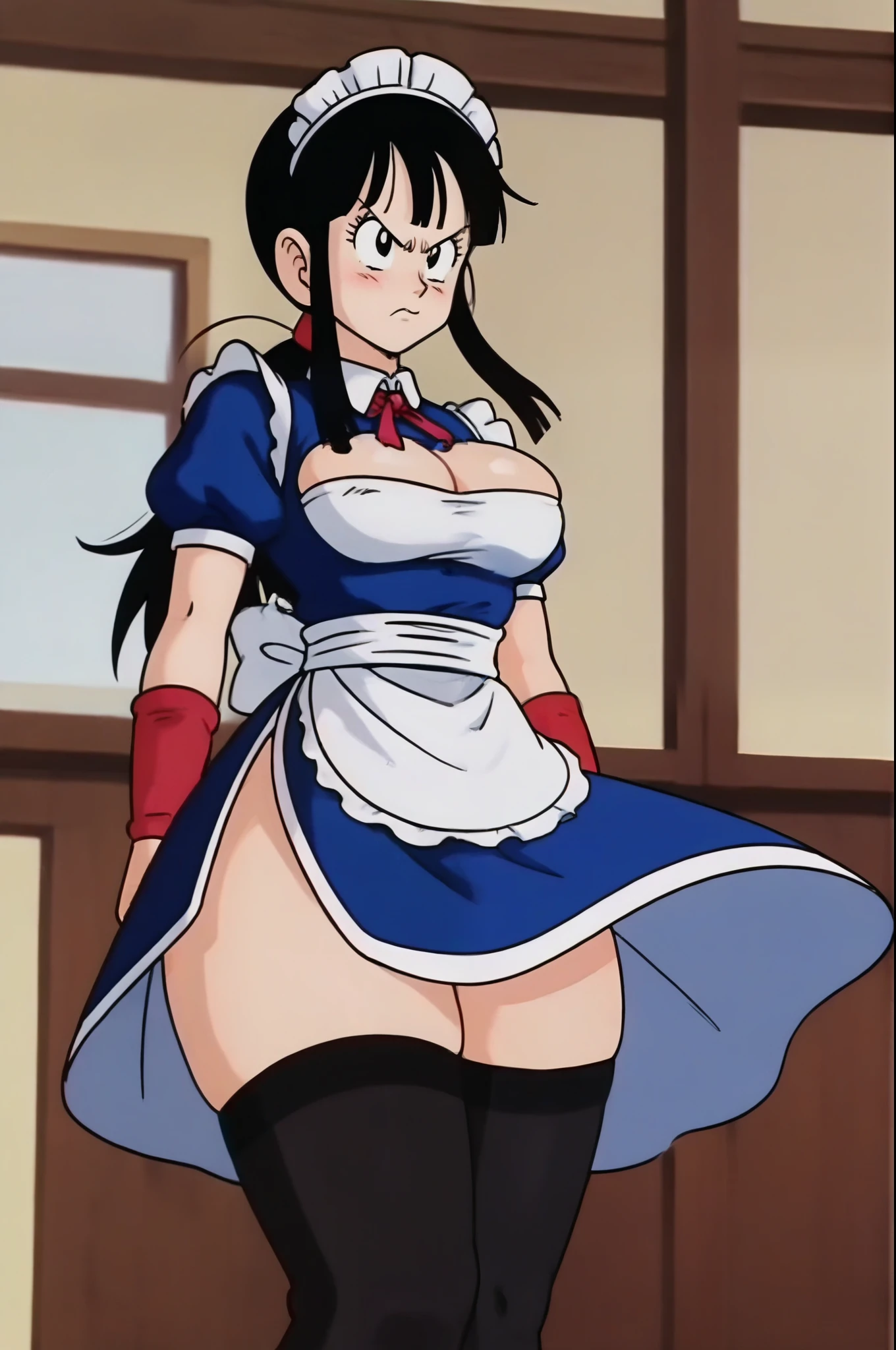 source_anime, score_9, score_8_up, score_7_up, anime screencap,8k, absurdres,
chi-chi, long hair, bangs, black hair, ponytail, sidelocks, blunt bangs, black eyes,
maid headdress, maid, black thighhighs, embarrassed, angry, frustrated,
mansion, indoors, big ass, wide hips, thick thighs, big breasts, cleavage,