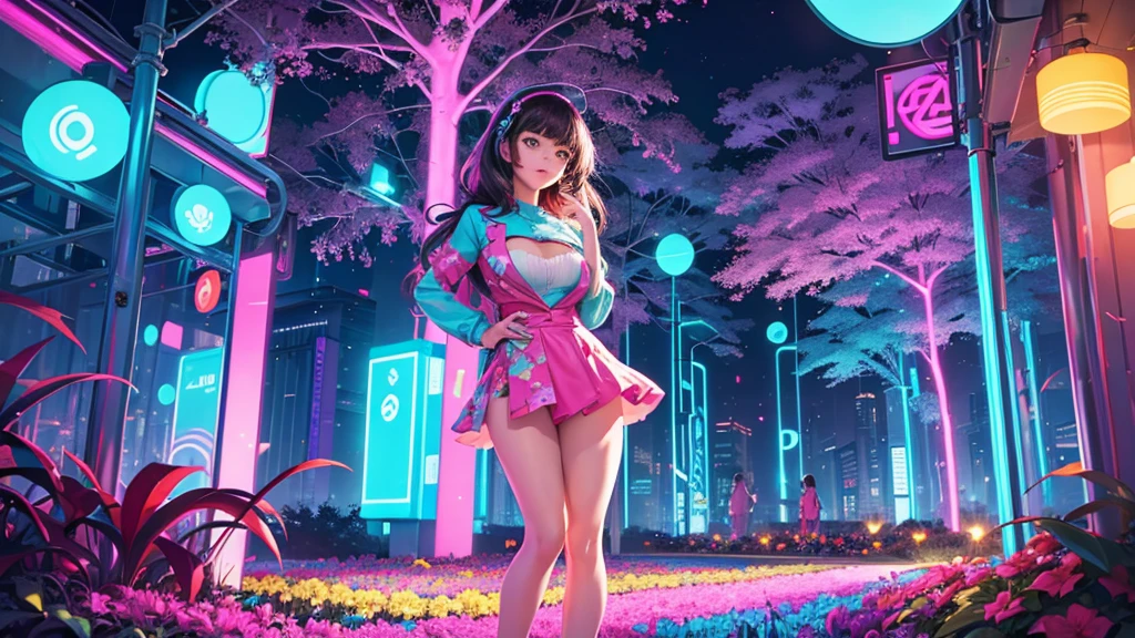 one beautiful woman standing in a neon-lit enchanted garden, surrounded by colorful glowing flowers, looking serene and curious, 70s style, synthwave aesthetic