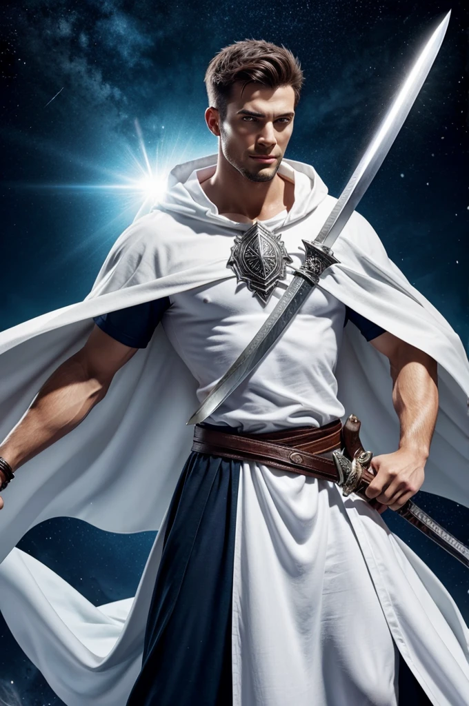 An animated guy holding a sword with dark energy and wearing a white cape