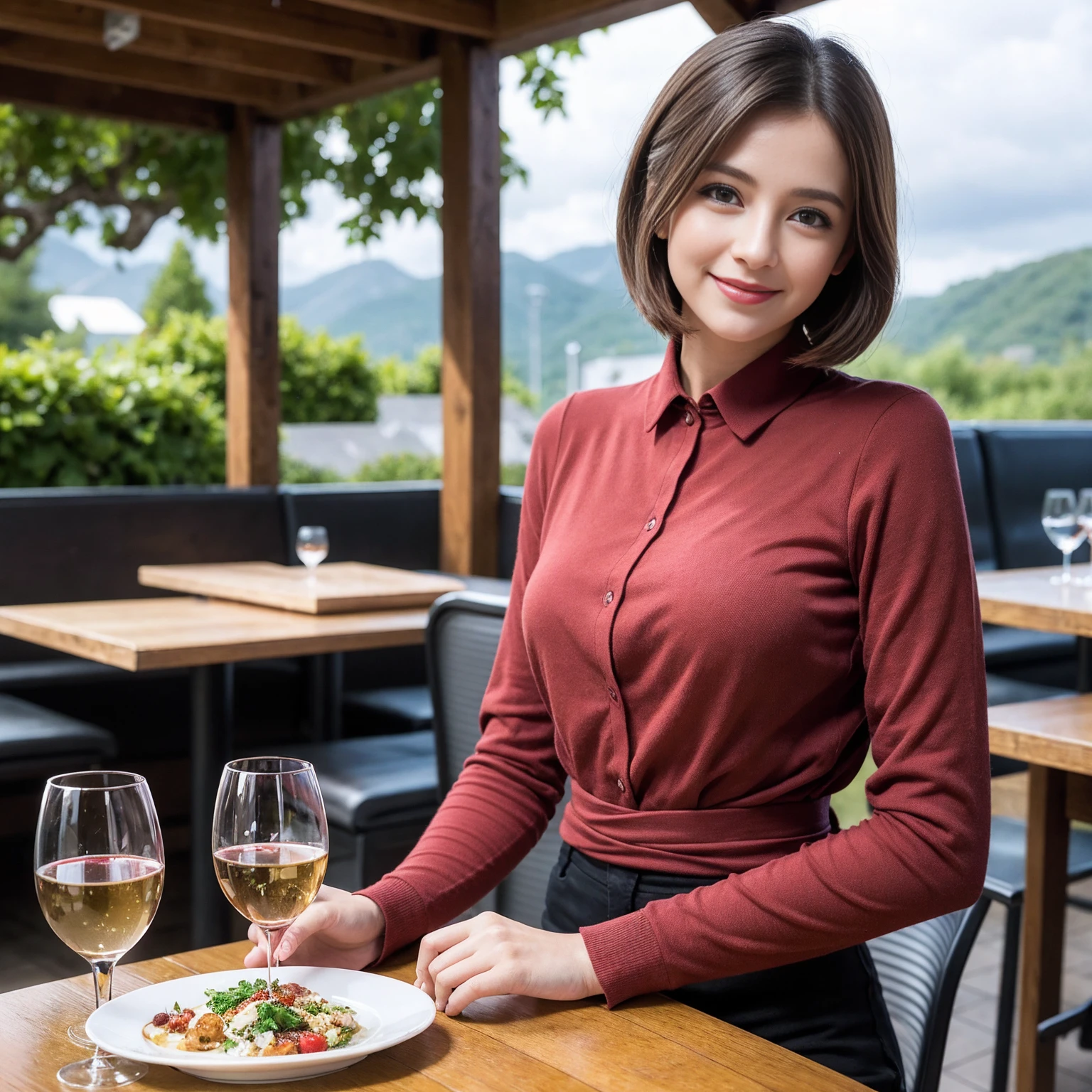 ((Highest quality、8K、masterpiece:1.3))、1 male、1 female、Couple、spouse、Couple、The body is slim、((Bob Hale、Straight hair:1.2)), (Realistic, Intricate details:1.2), テーブルの上のwine glass、Shine light on your face、 Amazing view of the sunset sky and clouds、Amazing mountain views、A bright smile、The wonderfulness of smile、Bright image、The beauty of wine, Beautiful Face, blue eyes, The light shines on your face, Blushing, short hair,Bright Face、 (Age 37), 39 years old, red wine 、Appetizers、Italian food、Wine bottle、Champagne、sparkling wine、Two beauties、Brown Hair、Shortcuts、Long sleeve shirt、dress、Beautiful woman 1, (slimな顔), (The body is slim), (Brown Hair), (Shortcuts), cheeks turn a little red,Attractive beauty、restaurant, In a prominent place (From the waist up) Nova Frog Style, actress, model, Upper Body, White wine, slim, wine glass, 中央に置かれたwine glass, smile, (smile: 1.15), Beautiful fine grain, Depth f/2,saturation, High Contrast, Strong light and shadow,Moist Body:1.5、3D texture、Delicate eyes、Brown Hair、The hair is very shiny、