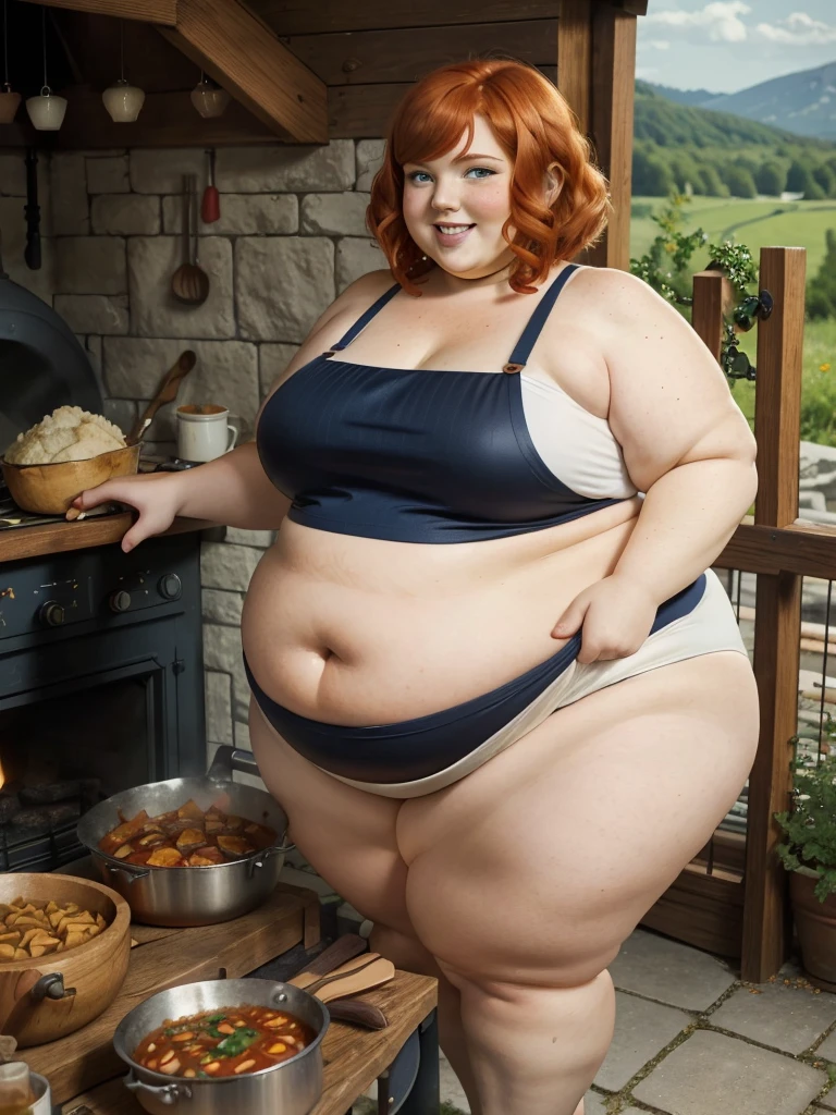 A happy photo of a young beautiful redhead bbw with short ginger hair soft fat belly, wide fat obese hips, thick fat legs and fat arms, cute pretty face, blue eyes, freckles, in underwear and cooking apron, cooking goulash in a cauldron with a fire place below it in the garden there is a table with a lot of foods in it