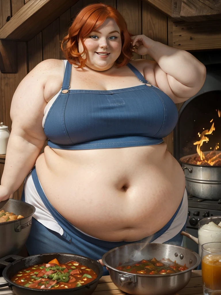 A happy photo of a young beautiful redhead bbw with short ginger hair soft fat belly, wide fat obese hips, thick fat legs and fat arms, cute pretty face, blue eyes, freckles, in underwear and cooking apron, cooking goulash in a cauldron with a fire place below it in the garden there is a table with a lot of foods in it