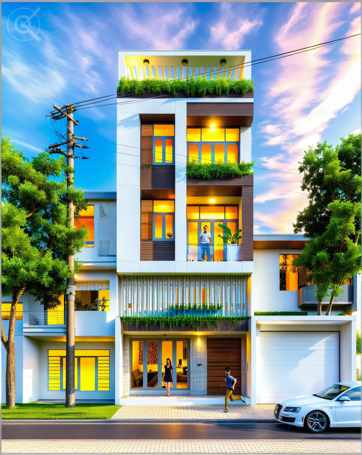 Masterpiece, high quality, best quality, authentic, super detail, outdoors, house style modern, bietthuhn, white wall, glass windows, gate road, pavement, grass, trees, Beautiful_sky, SUNSET, (day:1.1), realistic lighting