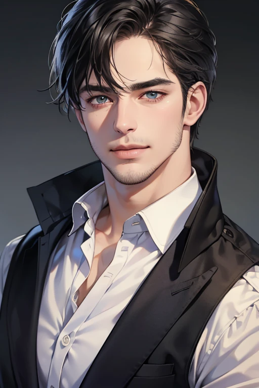(best quality,4k,8k,highres,masterpiece:1.2),ultra-detailed,(realistic,photorealistic,photo-realistic:1.37),30 year old man,3 day beard,handsome anime,portraits,strong,masculine,dark hair,sharp jawline,mesmerizing eyes,perfectly styled hair,cool anime outfit,confident expression,vibrant colors,dynamic lighting, CEO and expression smile in love.
