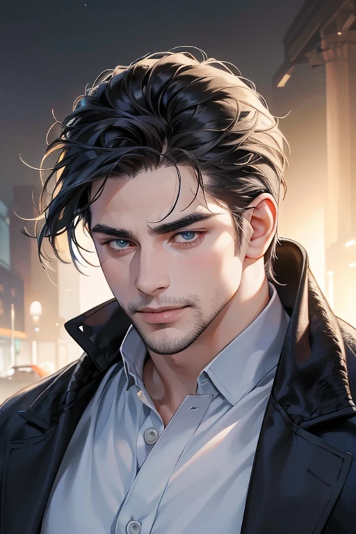 (best quality,4k,8k,highres,masterpiece:1.2),ultra-detailed,(realistic,photorealistic,photo-realistic:1.37),30 year old man,3 day beard,handsome anime,portraits,strong,masculine,dark hair,sharp jawline,mesmerizing eyes,perfectly styled hair,cool anime outfit,confident expression,vibrant colors,dynamic lighting, CEO and expression smile in love.