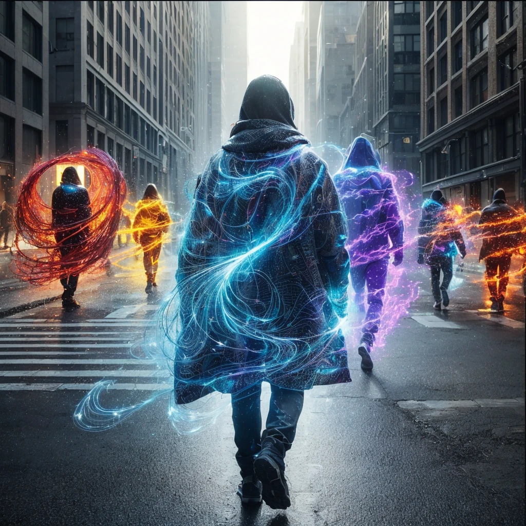 Several people walk down the street wrapped in a magnetic aura of different colors. Photorealism, full view, highly detailed image, very realistic, hyperrealism, Ultra HD, 8k, 5, sharp focus, intricate and mysterious masterpiece.(Long exposure photography Very detailed close-up portrait artistic illustration: final quality, medium shot, backlight, Rich and striking. Enigmatic and mysterious manipulations (composition of the rule of thirds), ((detailed environment with strong lines) The best quality, in camera, white light, warm and clean aesthetics, dazzling screen composed of millions of brilliant ultraviolet rays, HDR.