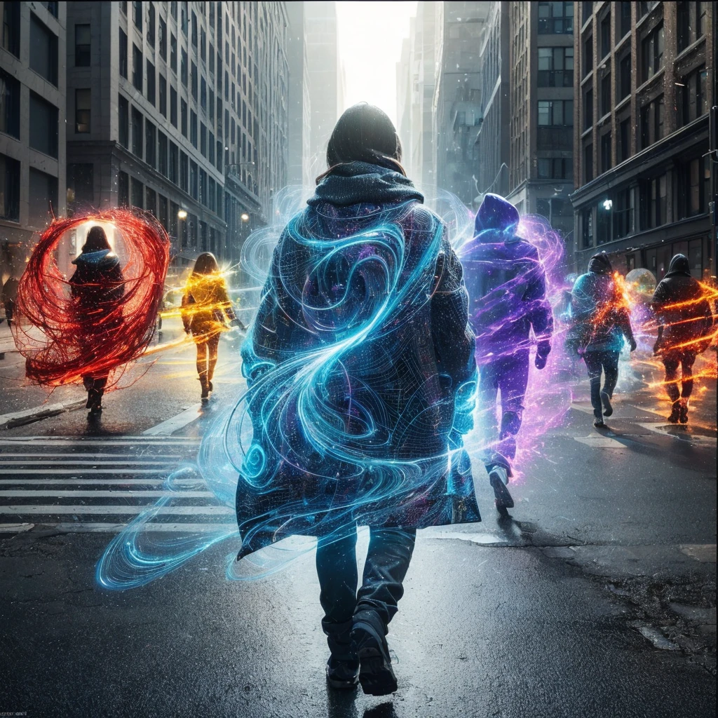 Several people walk down the street wrapped in a magnetic aura of different colors. Photorealism, full view, highly detailed image, very realistic, hyperrealism, Ultra HD, 8k, 5, sharp focus, intricate and mysterious masterpiece.(Long exposure photography Very detailed close-up portrait artistic illustration: final quality, medium shot, backlight, Rich and striking. Enigmatic and mysterious manipulations (composition of the rule of thirds), ((detailed environment with strong lines) The best quality, in camera, white light, warm and clean aesthetics, dazzling screen composed of millions of brilliant ultraviolet rays, HDR.