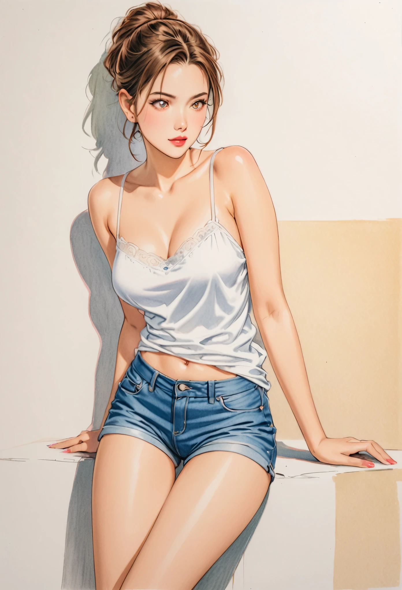  female，short camisole，white，Art，ad，colour pencil drawing，illustration 