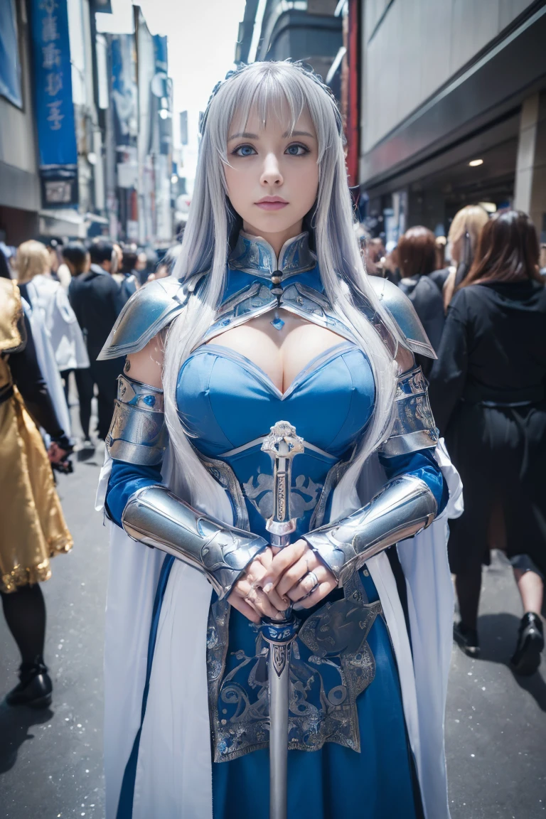 (masterpiece, best quality, ultra high res, photorealistic:1.5), 8k photography, a beautiful young woman with (long flowing silver hair:1.2) and (piercing blue eyes:1.1), wearing an intricate and detailed (Fate/Grand Order Saber cosplay:1.3) with (shining armor and a flowing blue dress:1.2), (Tokyo Comic Market:1.2), (crowded convention hall:1.1), (carrying a replica sword:1.1), (natural lighting:1.1), (perfect anatomy:1.2), (sharp focus:1.3), (professional cosplay photography:1.4)