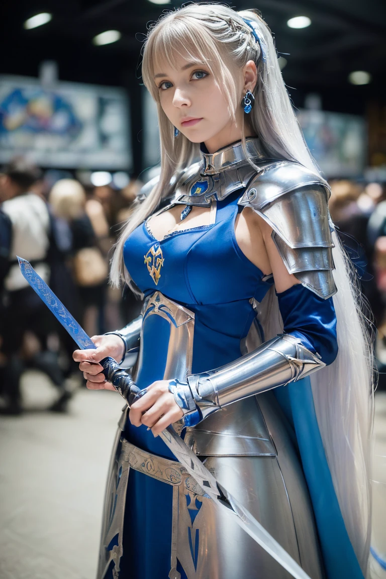 (masterpiece, best quality, ultra high res, photorealistic:1.5), 8k photography, a beautiful young woman with (long flowing silver hair:1.2) and (piercing blue eyes:1.1), wearing an intricate and detailed (Fate/Grand Order Saber cosplay:1.3) with (shining armor and a flowing blue dress:1.2), (Tokyo Comic Market:1.2), (crowded convention hall:1.1), (carrying a replica sword:1.1), (natural lighting:1.1), (perfect anatomy:1.2), (sharp focus:1.3), (professional cosplay photography:1.4)