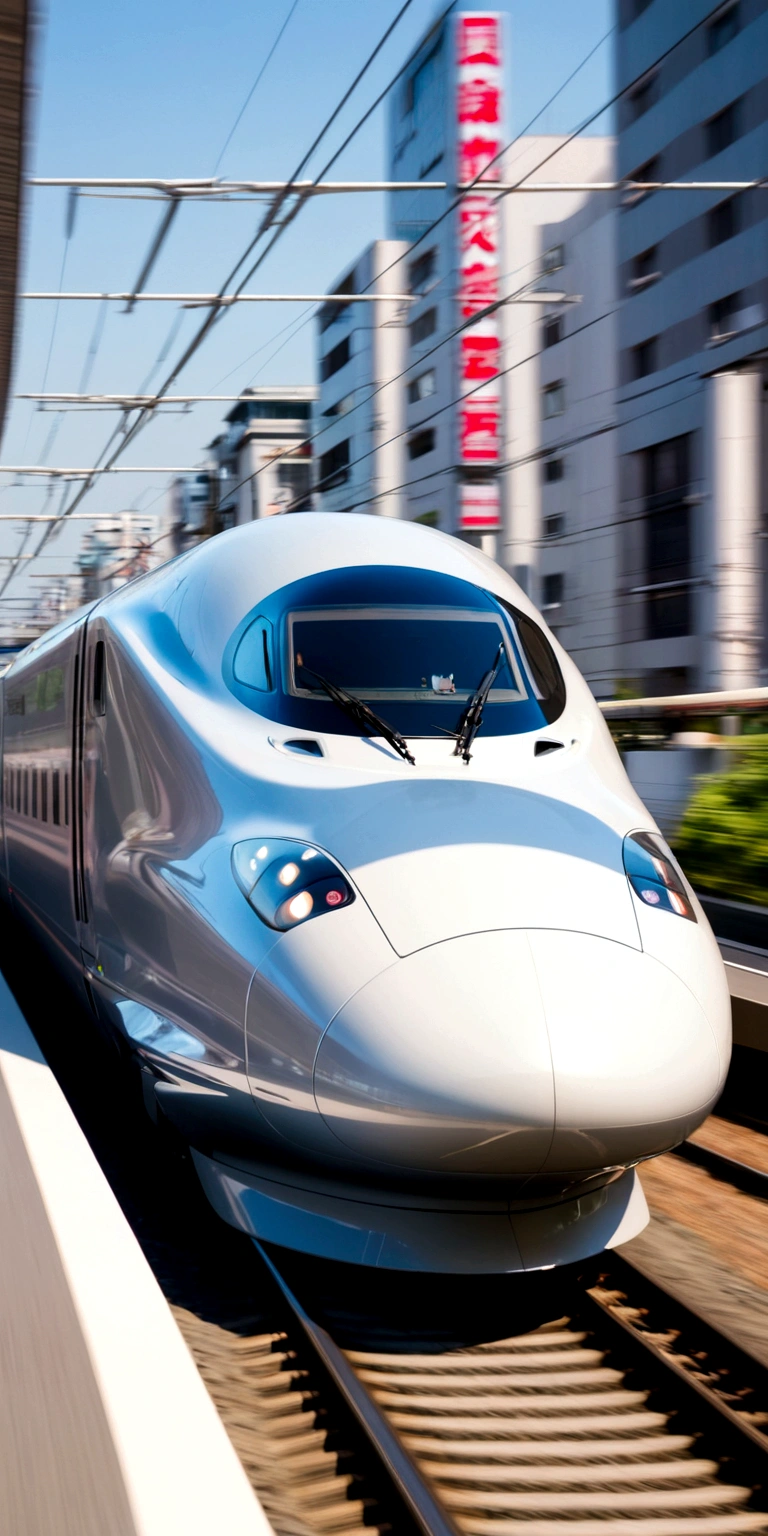 Bullet train speeding in Tokyo, motion blur, city of Tokyo, best quality, close-up view