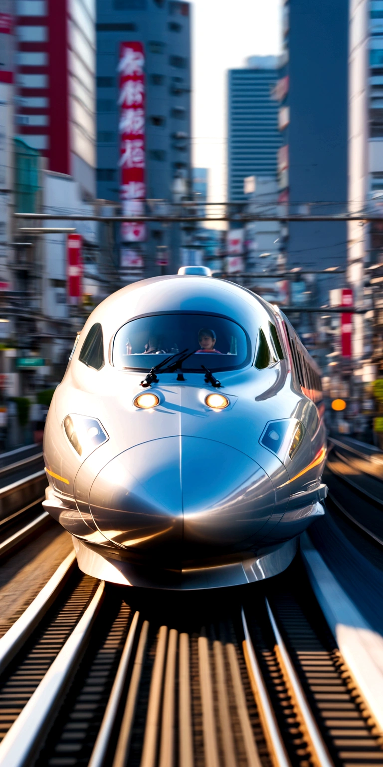 Bullet train speeding in Tokyo, motion blur, city of Tokyo, best quality, close-up view
