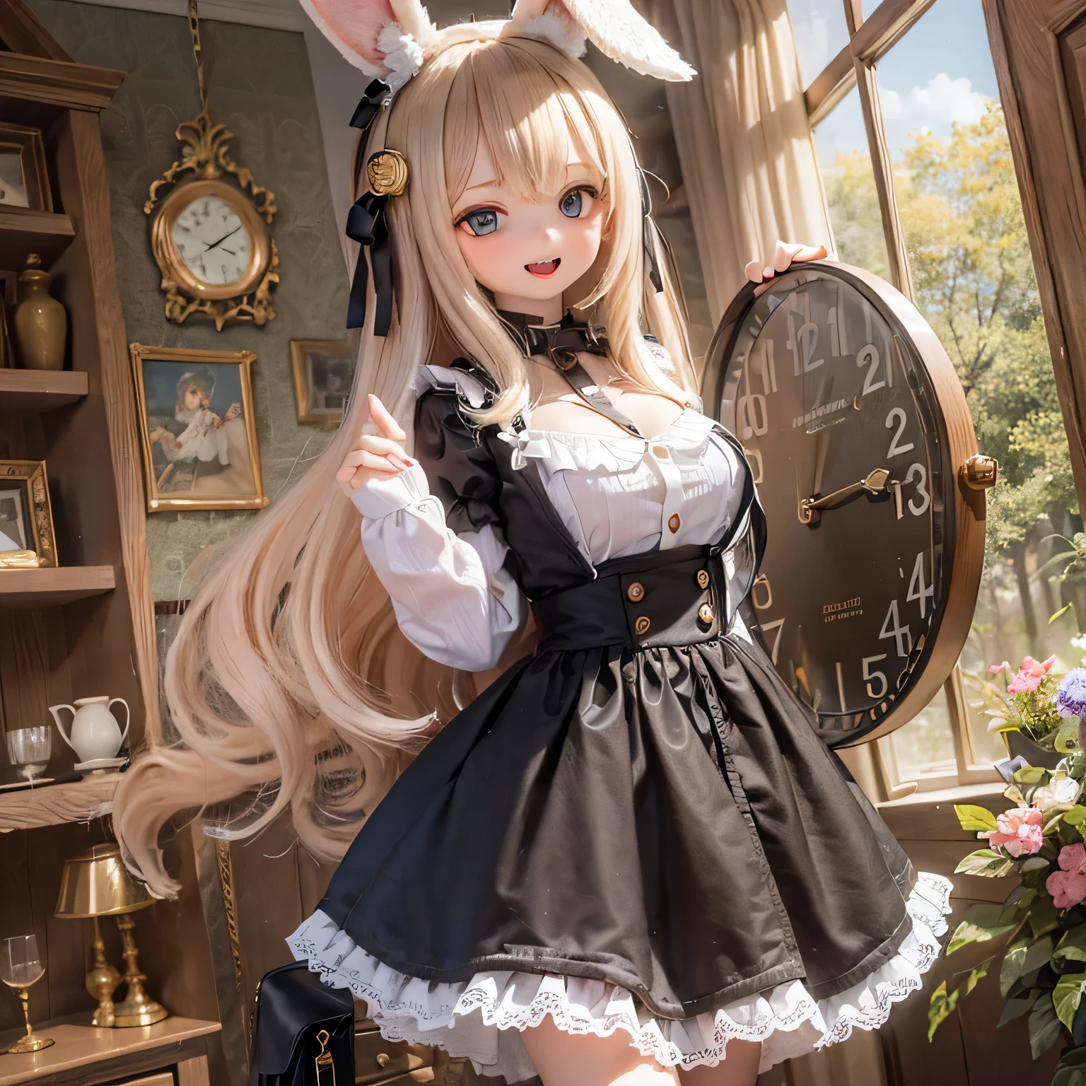 The rabbit girl is holding a big clock with Alice_Wonderland