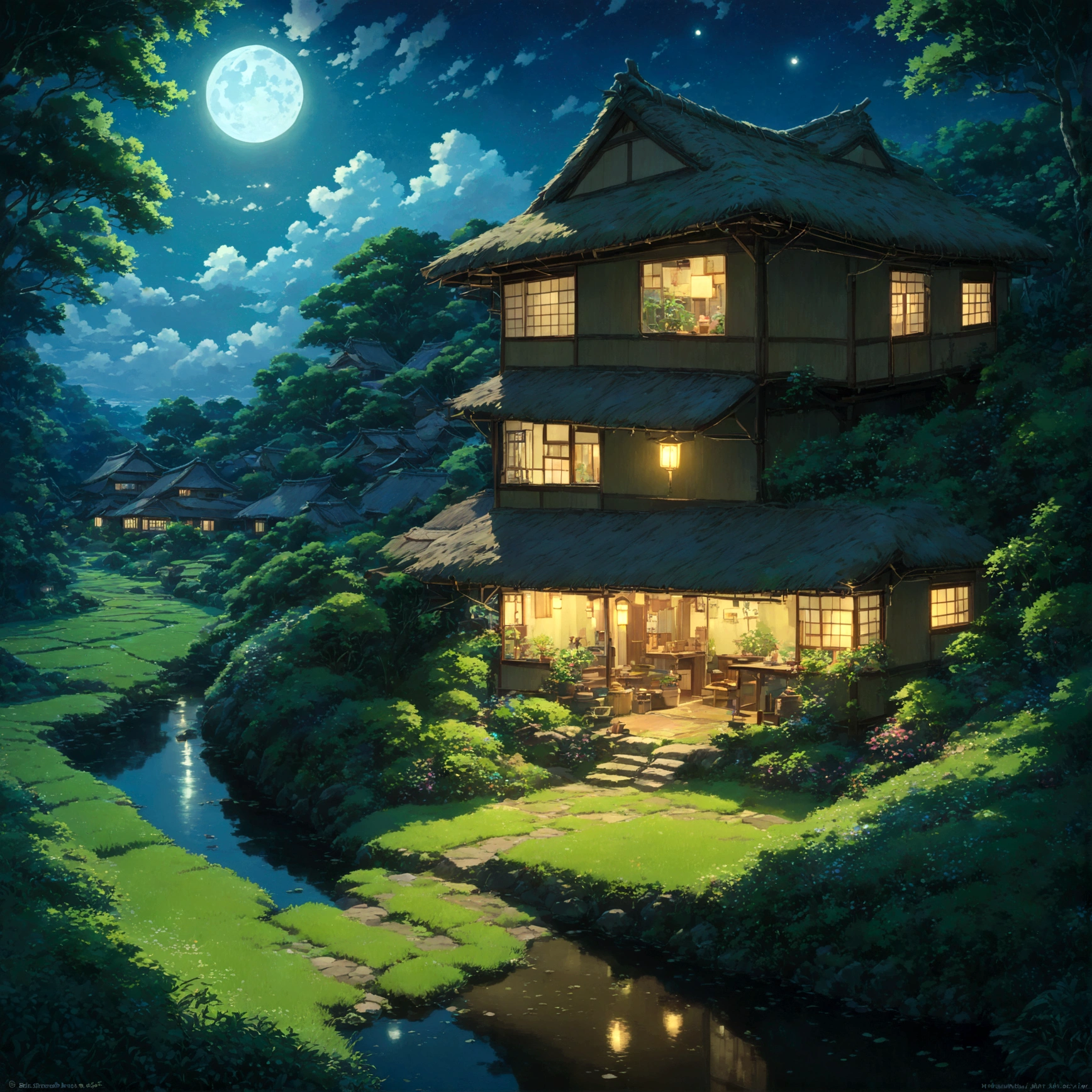 night空一面に広がる満天の星空の下、静寂に包まれたSatsuki and Mei's House。It makes me feel nostalgic、thatched roofsの古民家は、With lights placed here and there、It gives off a warm glow to the surroundings。Around the house、Tall Tree々casts a shadow、Gives a sense of depth。On the side of the house、Beautiful stonework、日本の昔ながらのwellがあり、Pulley and bucket、静かにmoonlightに照らされている。家の前は一面のPaddy fieldで、moonlightが水面に反射し、Fantasyな雰囲気を醸し出している。The whole scene、Somehow nostalgic、Wrapped in warm nostalgia、It soothes the hearts of those who see it.、Beautiful Landscape。美しいAnime Scenery, Landscape painting, Beautiful digital painting, Andreas Rocha, Beautiful artwork illustration, Awesome Wallpapers, Raymond Han, Tall beautiful paintings, Studio Ghibli Makoto Shinkai, Beautiful Wallpapers, Anime Scenery, My Neighbor Totoro, Satsuki and Mei's House, garden, night, well, Nostalgic, Fantasy, Humans don't draw, From above, thatched roofs, Paddy field, moonlight