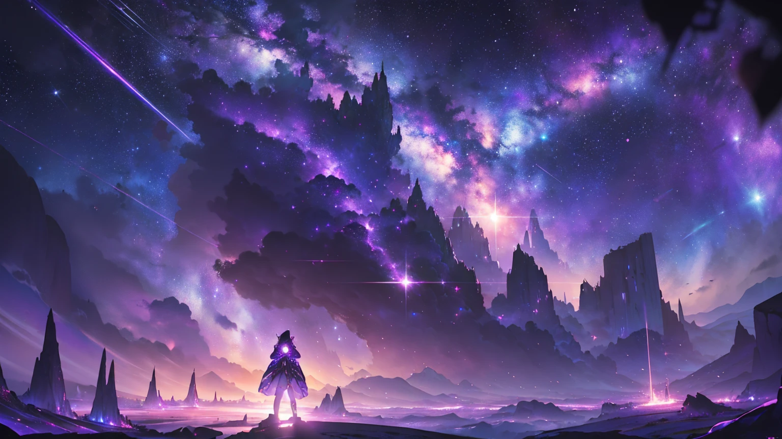 {{Masterpiece}}, Best Quality, CG unit wallpaper 8k extremely detailed, cinematography lighting, Lens flare,detail, purpura, particles, stars, galaxy, purple nebulae, landscape, beautiful, purple gamma