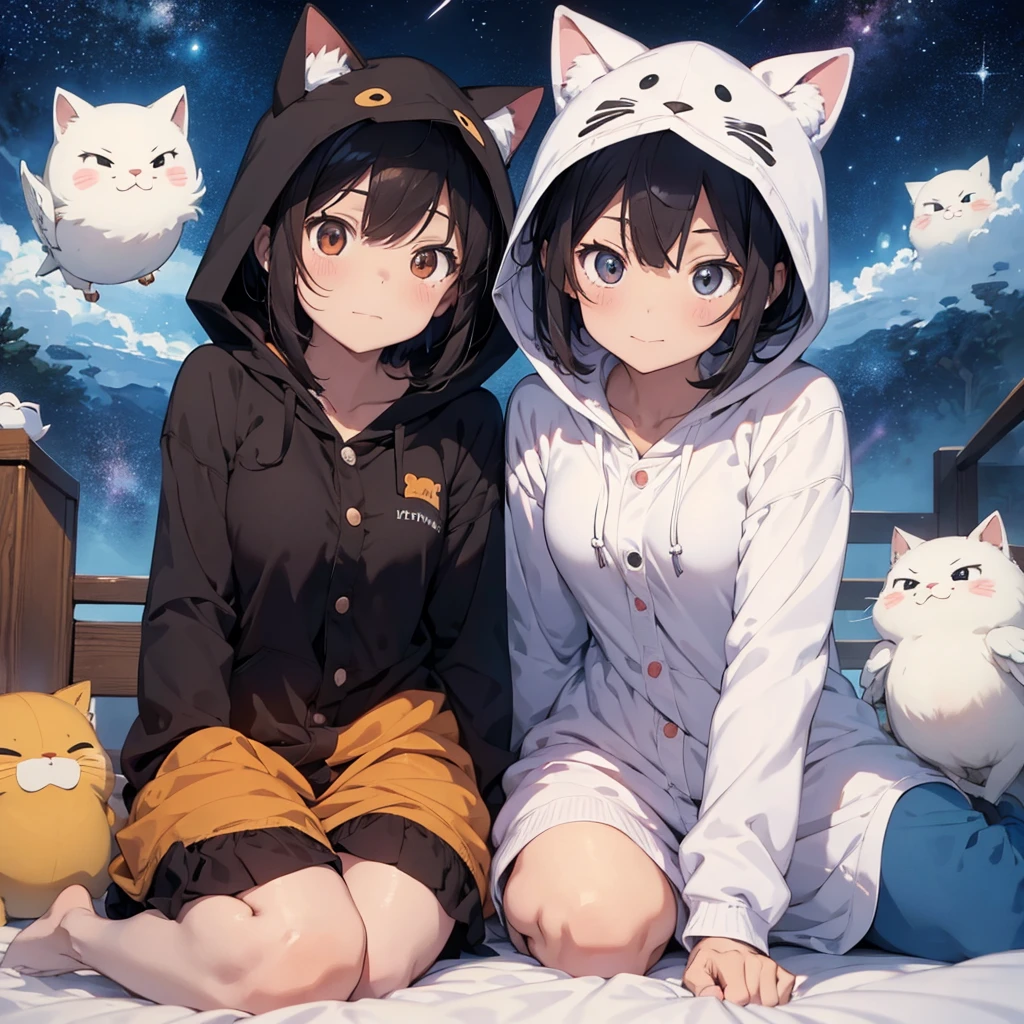 2 anime girls in a cat pajama with hoods on and 1 anime girl in a dog pajama with hood on in a cute pose in bed, looking up directly at the camera in an almost bird's eye view.